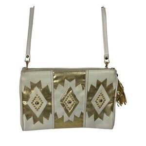 Vintage White‎ & Gold Aztec Geometric Leather Bag Eighties Vegan Leather Purse
